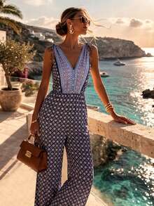 Breezaya Bộ jumpsuit nữ phong cách bohemian thắt eo, thích hợp cho kỳ nghỉ, lễ hội và tiệc trà chiều. - Màu xanh lam - Xem 1