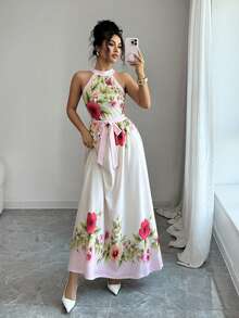 SHEIN Clasi Women's Floral Print Halter Neck Dress, Elegant Sexy Holiday Wear For Spring/Summer Golf White - Apricot - View 6