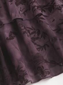 Sweetra Spring/Summer Elegant Sexy Textured Mesh Flocked Metal Buckle Decor Halter Neck Ruffle Hem Short Party Night Out Dress For Women Dark Purple - Mauve Purple - View 5