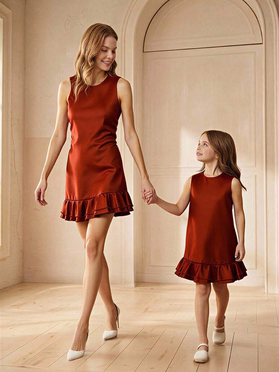 SHEIN Đầm trơn cổ tròn, viền bèo nhún cho bé gái, thích hợp mặc đi nghỉ mát hoặc mặc hàng ngày. - Màu nâu  Mocha - Xem 1