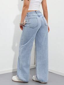 SHEIN ICON Jeans de pierna ancha con bolsillos en ángulo lavados para uso casual diario de mujeres - Azul y blanco - Ver 2