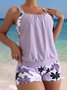 SHEIN Swim Lushore Women's Beach Vacation 2 Pieces Tankini Set, Spaghetti Strap Vest Style, Spring/Summer - Purple - View 5