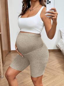 SHEIN 孕妇纯色可调节腰围休闲短裤 - 彩色 - 查看 4