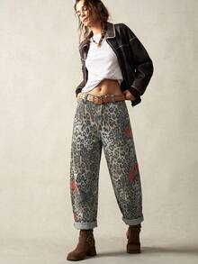 Bohemela Women's Leopard Floral Pattern Casual Versatile Daily Wear Pants - Iron Gray - View 8