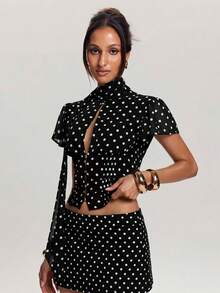 SHEIN BAE Women's Polka Dot Pattern Short Sleeve Single-Breasted Sexy Blouse,Summer Top - Black - View 7