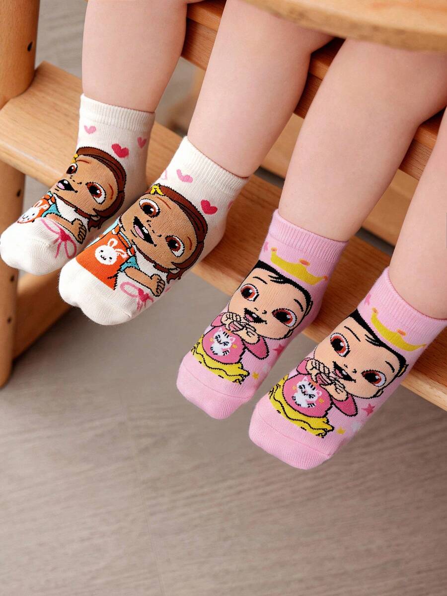 CoComelon X SHEIN 2 Pairs Girls Cotton Soft & Breathable Moisture-Wicking Toddlers & Kids Short Socks Pink&White Cute Cartoon Pattern Ankle Socks Reinforced Toe & Heel For Durability All Seasons All-Match School & Outdoor Summer Winter - Multicolor - View 1