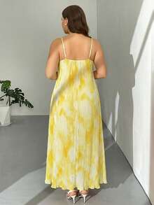 Firerie Women's Plus Size White Summer Elegant Vacation Holiday Beach Spaghetti Strap Twist Front Loose Maxi A-Line Pleated Tie Dye Floral Print Dress - Yellow - View 2