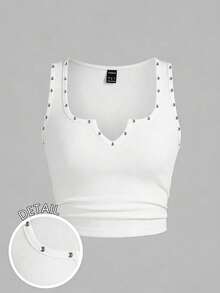 Slaydiva Plus Size Women Rhinestone Decor V-Neck Casual Minimalist Tank Top, Suitable For Summer - White - View 1