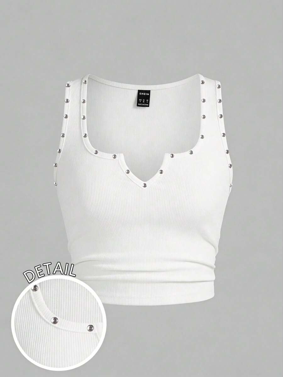 Slaydiva Plus Size Women Rhinestone Decor V-Neck Casual Minimalist Tank Top, Suitable For Summer - White - View 1