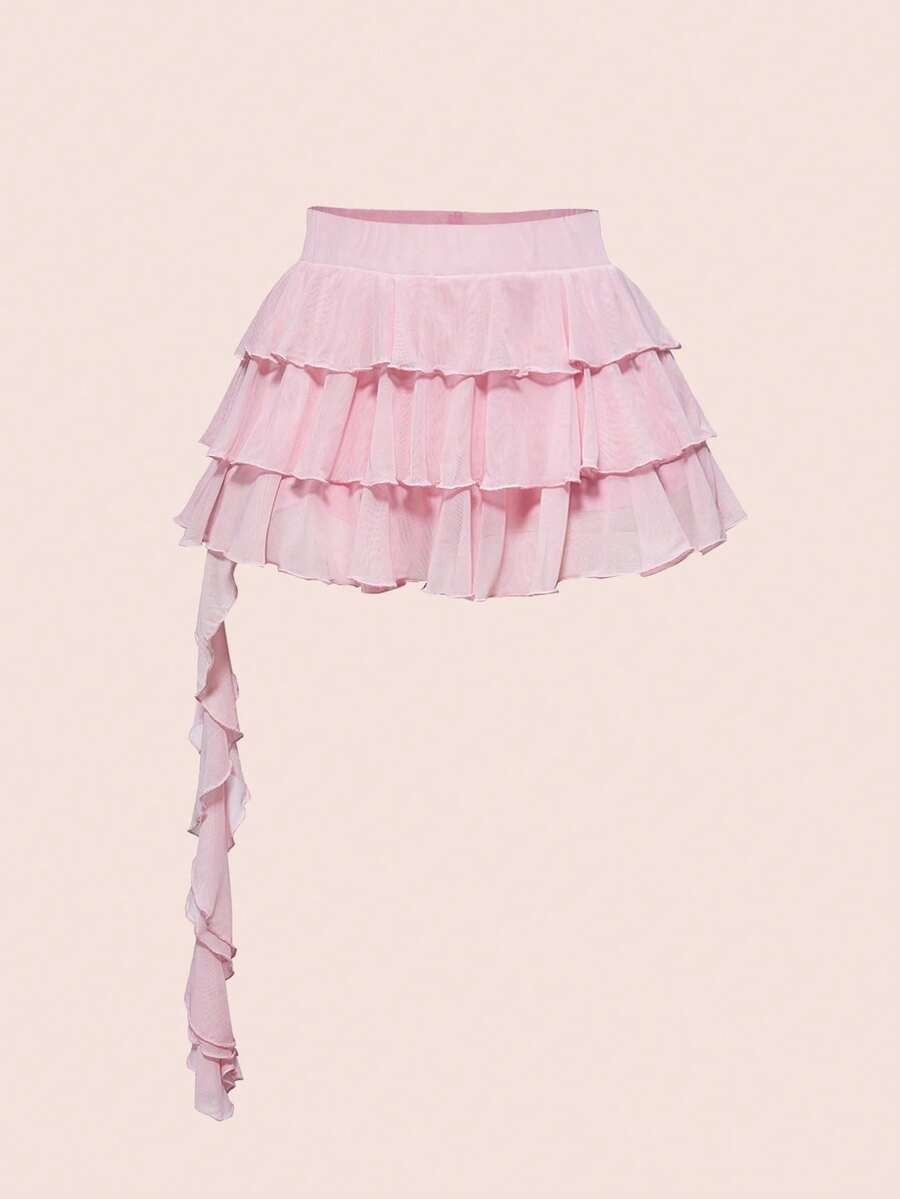 ROMWE Grunge Punk Falda asimétrica de malla elástica de múltiples capas, estilo mini, para fiesta de música de festival, primavera/verano, color rosa, talla grande, de vuelta al colegio - Rosa - Ver 1