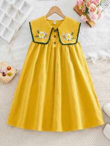 SHEIN Tween Girls/Tween Girl Girls Pastoral Floral Embroidered Pattern Ruffle Collar Puff Sleeve Dress,Versatile Round Neck Trim Contrast Color - Yellow - View 5