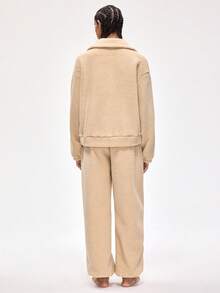 Women's Casual Comfortable Zip-Up Drop Shoulder Top And Pants Loungewear Set, Autumn/Winter - Khaki - View 2