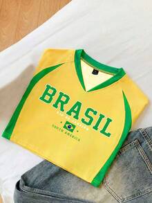 Comfortcana Áo croptop nữ mùa hè tay ngắn cổ chữ V in chữ phối màu tương phản, áo len dệt kim tay raglan. - Nhiều màu - Xem 4