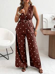 Bộ áo vest và quần ống rộng chấm bi cổ điển dành cho nữ cỡ lớn Ceyna, trang phục mùa hè lý tưởng cho kỳ nghỉ. - màu nâu - Xem 4