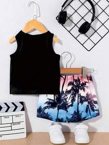 SHEIN Playful Pals 男婴两件套服装，时尚简约棕榈树字母印花背心搭配棕榈树印花短裤，适合夏季外出穿着。 - 彩色 - 查看 2