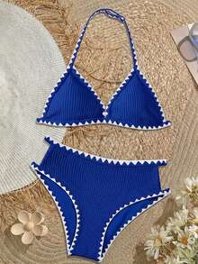 SHEIN 少女白色针织纹理蓝色贝壳图案工艺，夏季沙滩锁边三角比基尼套装，沙滩装泳衣夏季，夏季沙滩 - 藍色 - 查看 2
