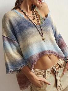 Bohemela Ombre Distressed Loose Knit Sweater - Mauve Mist - View 2
