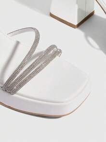CUCCOO SZL Women's Square Toe Rhinestone Ankle Strap Sandals For Christmas Summer Shoes - White - View 5