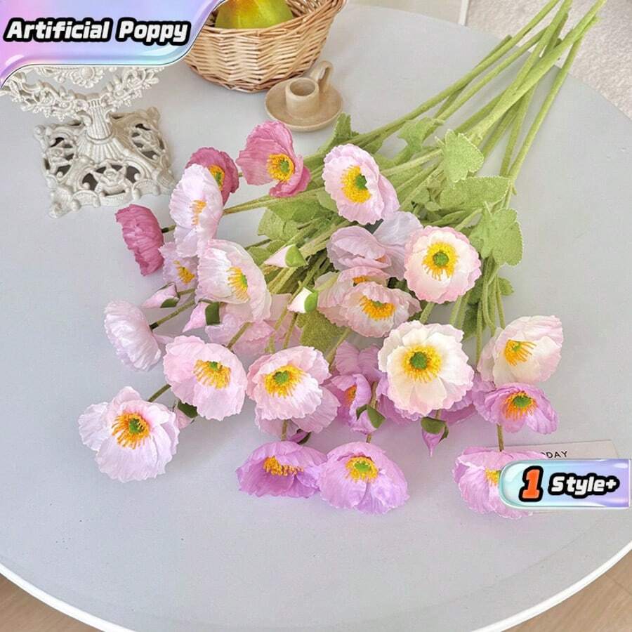 2/4支人造罂粟花,长60厘米,共4朵花,现代可弯曲仿真花茎,不易褪色,适用于DIY花墙、场景布置、花瓶插花、婚礼派对、家居房间装饰和返校用品 - 紫色 - 查看 1