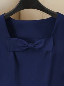 SHEIN Franclia 女士纯色方领花瓣袖蝴蝶结装饰优雅夏季连衣裙 - 藏蓝色 - 查看 6