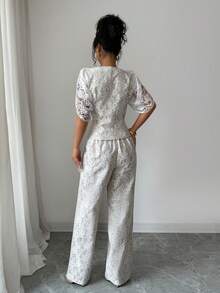 SHEIN Elenzya 优雅蕾丝V领收腰上衣和裤子套装，夏季 - 米色 - 查看 2