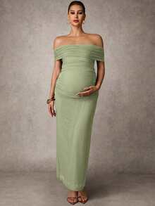 MaterniChic Elegant Solid Color Ruched Asymmetric Neck Slit Maternity Dress, Summer - Green - View 7