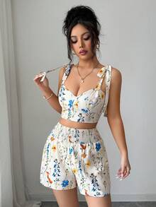 Selianne 女士优雅印花两件套，适合夏季度假 - 杏色 - 查看 5