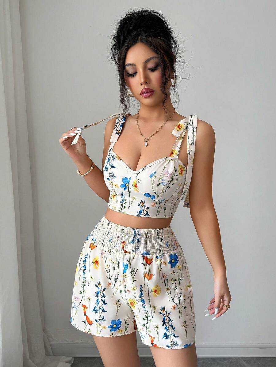 Selianne 女士优雅印花两件套，适合夏季度假 - 杏色 - 查看 1