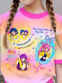 Back To School Tween Girl Casual Butterfly Decor Gradient Color Short Sleeve T-Shirt And Shorts 2-Piece Set, Suitable For Summer, Leisure Campus Sports Style, Outdoor Picnic, Outing, Street Photography, Home, School - Multicolor - View 3