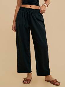 Travachic Plus Size Black 100% Cotton Casual Pants, Simple Fashion Everyday Wear - Black - View 8