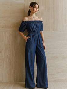 DAZY Women's Elegant Solid Color Washed Off Shoulder Ruffle Hem Denim Jumpsuit, Spring/Summer - Medium Wash - View 3