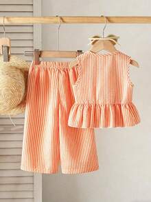 SHEIN Playful Pals 2件套女婴幼儿/新生儿0-3岁春夏休闲甜美日常度假条纹梭织无袖上衣和阔腿裤两件套 - 彩色 - 查看 2