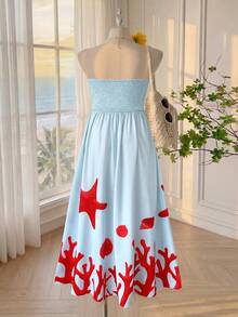 Comfortcana Vestido de bandeau con pliegues y estampado de estrellas de mar para mujer de talla grande para vacaciones - Azul - Ver 2