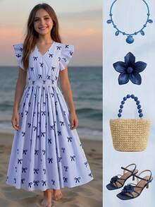 SHEIN 1 chiếc đầm dài mùa hè cho bé gái, kiểu dáng thanh lịch, thắt eo, in họa tiết hoa và nơ. - trắng - Xem 4