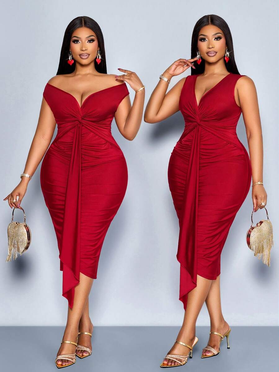 SOLERSUN Women Summer Plus Size Red Elegant Party Dress,Autumn Solid Shiny Fabric V-Neck Pleated Twist Design Hip Ruched Curve Dress Suitable Wedding Concert - Burgundy - View 1
