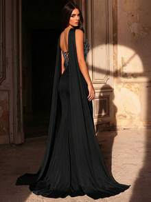 Glamrae 优雅奢华的串珠泡泡花卉亮片拼接弹力针织泳衣面料，带褶皱美人鱼裙摆，适合婚礼、派对、度假、盛会、晚礼服（重工装饰） - 黑色 - 查看 2