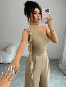 Selianne Bộ áo liền quần dệt kim phối vải, thanh lịch, thoải mái dành cho nữ, thích hợp cho các bữa tiệc. - Màu be - Xem 4