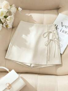 Franclia Quần short nữ thời trang thường ngày tối giản, đa năng, có nơ thắt eo, thích hợp cho mùa hè. - Màu be - Xem 3