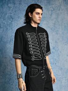 ROMWE MEN Street Life 男士夏季休闲铆钉刺绣细节拉链牛仔短袖衬衫 - 黑色 - 查看 5