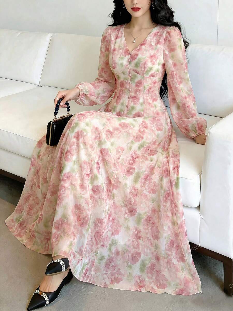 Modelyn 女士春夏V领雪纺长袖连衣裙,饰有蝴蝶结纽扣,A字廓形,优雅浪漫长款连衣裙 - 粉色 - 查看 1