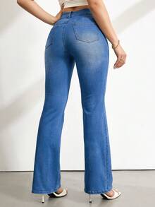 SHEIN Tall 女士高腰休闲百搭喇叭牛仔裤 - 中等水洗藍 - 查看 2