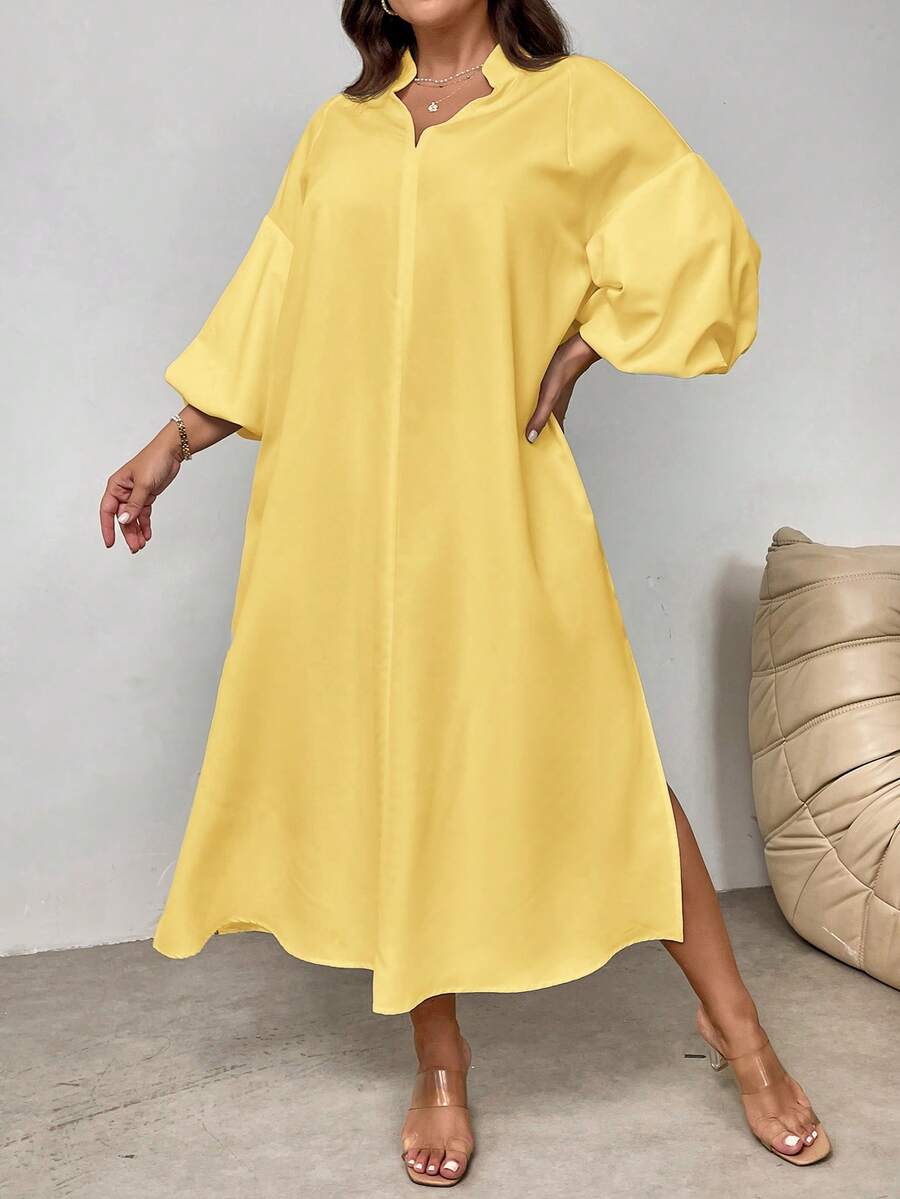SHEIN Privé Robe ample mi-longue à manches lanternes pour femmes grandes tailles, élégante, pour vacances, plage, rendez-vous romantique, mariage ou fête - Jaune citron - Voir 1