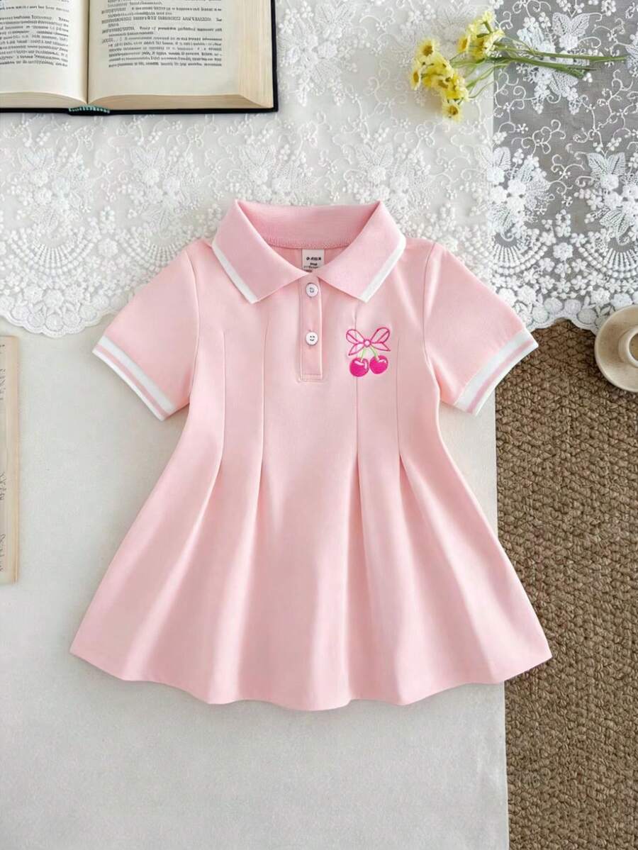 SHEIN 女婴白色休闲连衣裙,罗纹领口和袖口,适合休闲、户外、运动、派对等场合穿着。 - 粉色 - 查看 1