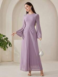Veilorie New Arrival Ruched Waist Rhinestone Embellished Elegant Flowing Cocktail Party Dress - Purple - View 4
