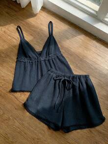Comfortcana 女士纯色开衩吊带背心和短裤休闲两件套 - 藏蓝色 - 查看 3