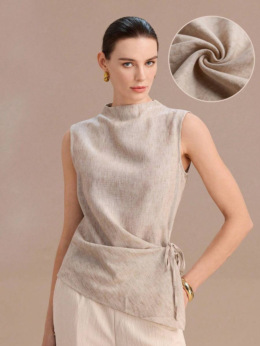 Uhlyne Women's Casual Elegant Commuter Sleeveless Linen-Like Tie-Front Pleated Blouse, Suitable For Spring, Summer, Autumn - Khaki - View 1