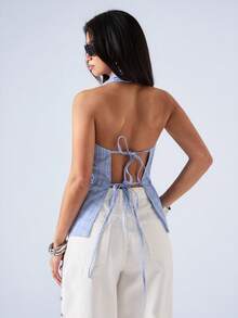 LYSMO 2026 New Arrive Minimalism Spring/Summer Women's Plaid Deep V-Neck Sexy Fashion Halter Top - Baby Blue - View 2