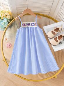 Elladie kids Đầm kẻ sọc tối giản cho bé gái (size nhỏ) với viền hoa móc nhiều màu sắc, đầm chữ A hai dây thoải mái, thích hợp cho mặc hàng ngày và đi nghỉ mát. - Màu xanh lam - Xem 3