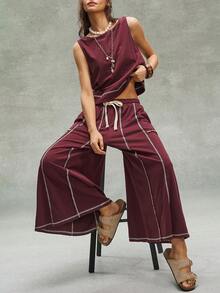 Bohemela 两件套 女士休闲纯色针织宽松背心和阔腿七分裤 - 棕色 - 查看 6