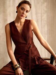 MOTF PREMIUM 女士亚麻混纺极简主义廓形马甲 - 咖啡棕 - 查看 6